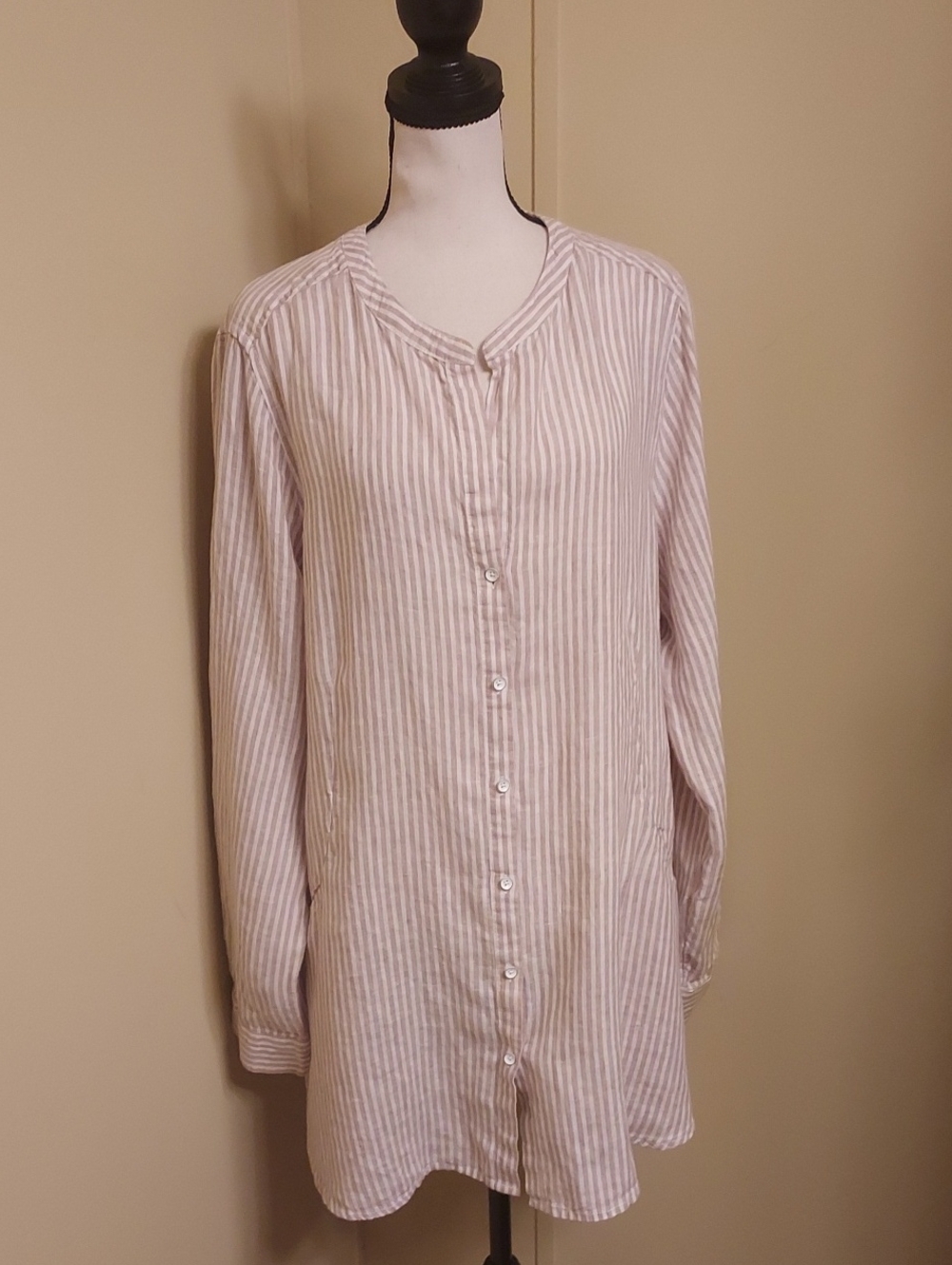 Sigrid Olsen Linen Button-Down Tunic Shirt in Light Tan and White Stripes